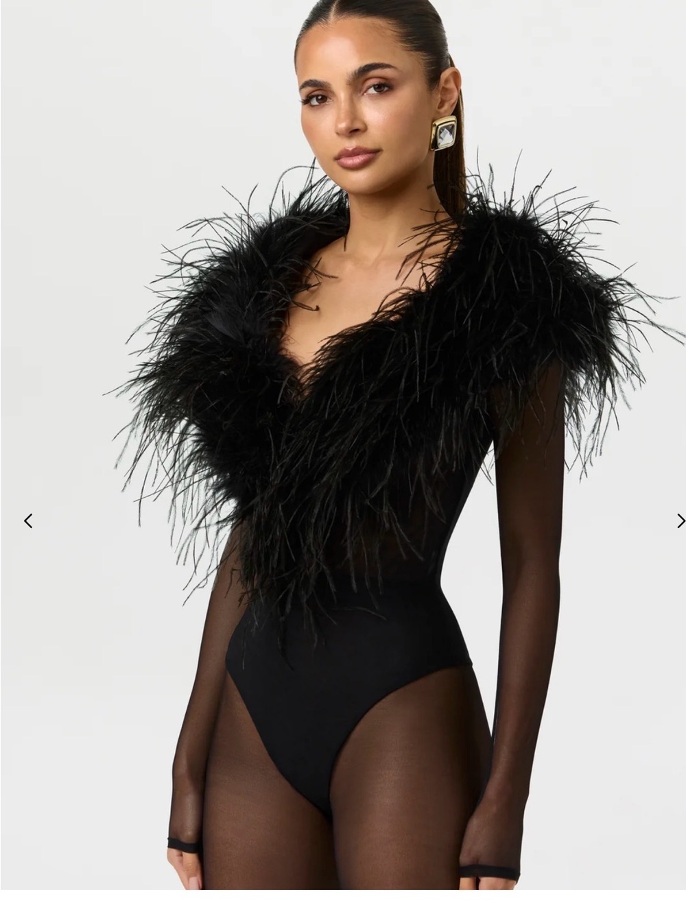 naked wardrobe Black Feather-Trim Long Sleeve Bodysuit